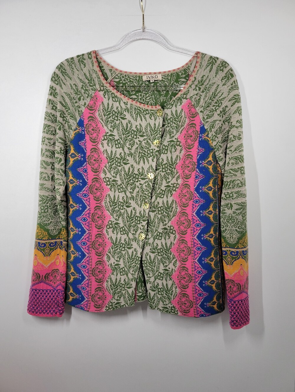 IVKO Pink Green Cotton Linen Floral Button Cardigan Sweater Women 38 US 8/10